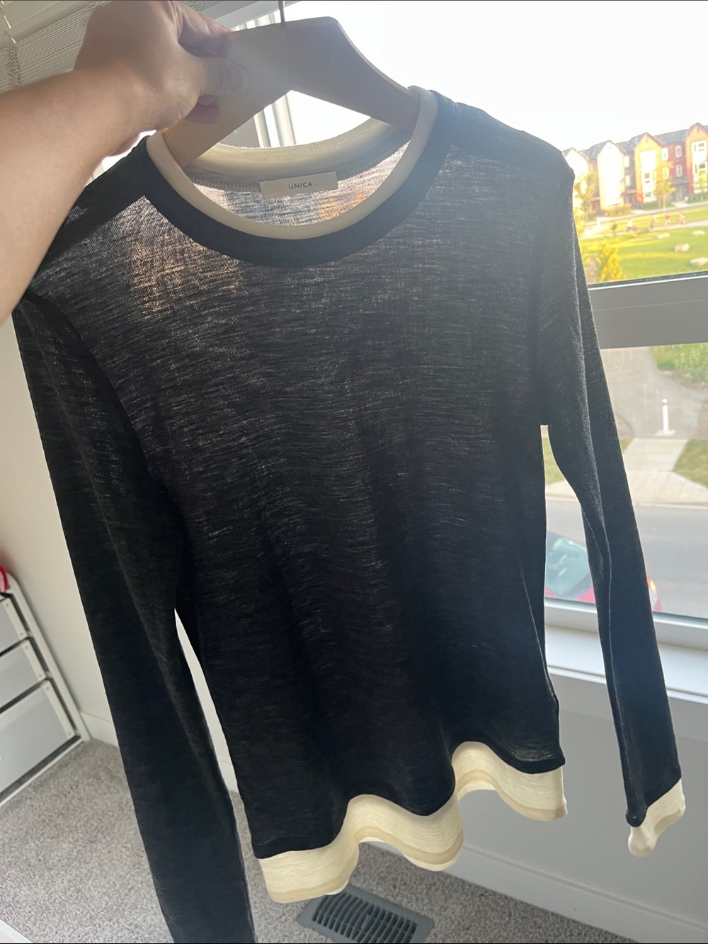 100% Wool UNICA Women's Charcoal Crew Neck Layered Sweater L